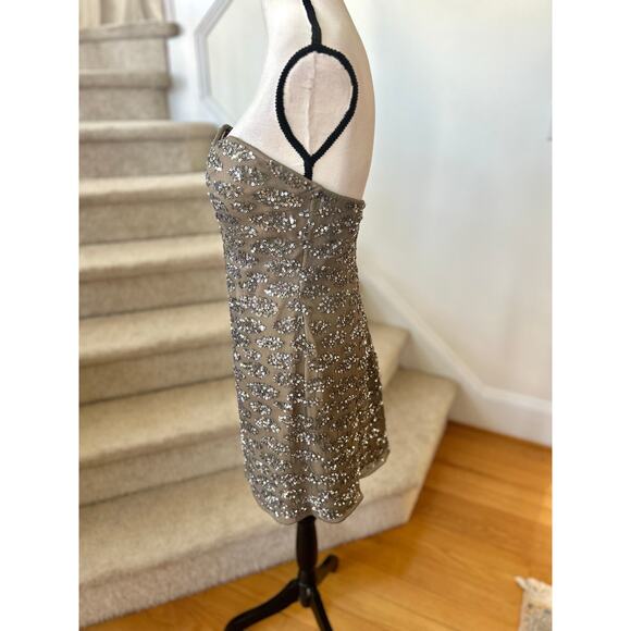 Vintage 90s NWT Shail K Taupe Silk Sequin Sweetheart Mini Dress - Picture 4 of 9